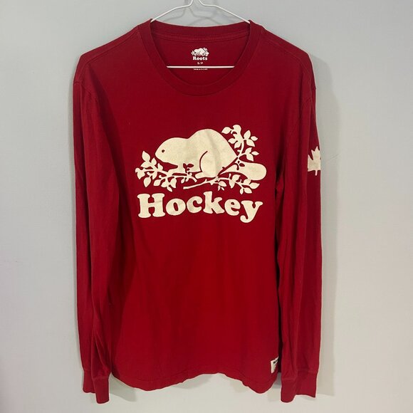 Roots Canada Mens S Hockey Long Sleeve Graphic Tee Red T-shirt Beaver - Picture 1 of 5